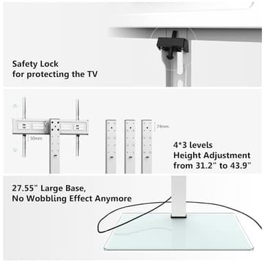 FITUEYES Universal TV Stand with Power Outlets for 50-85 inch TVs, Swivel&Height Adjustable Tall TV Stand for Bedroom Living Room, 27.5''Large Tempered Glass Base Holds up to 143 lbs, Ivory White - Image 8