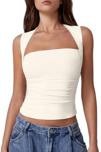 QINSEN Square Neck Tops for Women Summer Side Ruched Double Lined Slim Fit Going Out Crop Top Beige S - Image 1