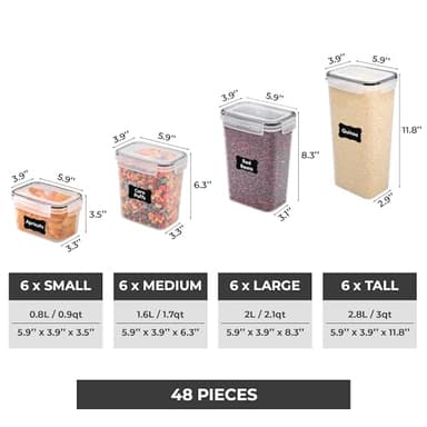 Freshware Kitchen Storage Containers with Lids, 48 PCS Airtight Food Storage Containers, Plastic Kitchen Containers, Pantry Containers for Cereal, Dry Food, Includes Labels, Marker & Measuring Spoons - Image 2