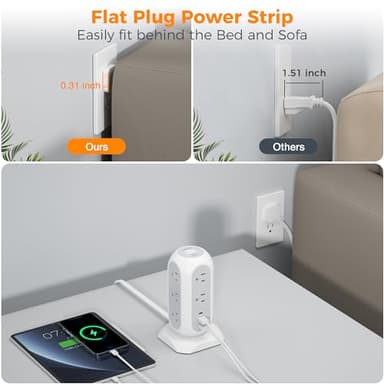 Tower Power Strip Flat Plug with 11 Outlets 3 USB (1 USB C), TESSAN Surge Protector Tower 1625W/13A,1050J Protection, 6 Feet Extension Cord with Multiple Outlets, Office Desk Supplies, Dorm Essentials - Image 2