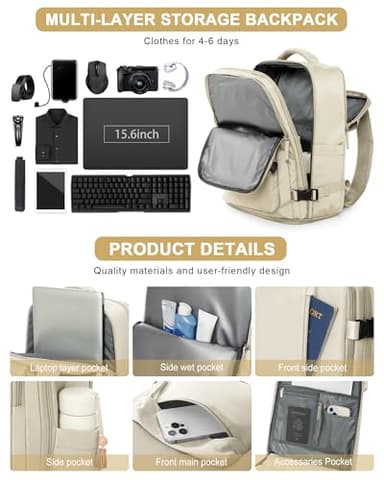 VGCUB Large Travel Work Business Backpack Carry on flight Approved 17 Inch Laptop Backpack for Women Men with Laptop Compartment Mochila de Viaje,Beige - Image 5