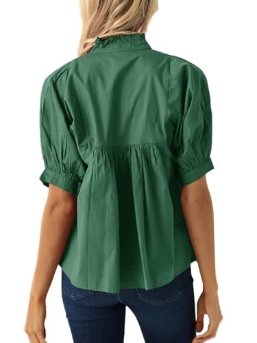 Cicy Bell Womens Puff Sleeve V Neck Blouse Babydoll Peplum Tops Dressy Casual Pleated Loose Fit Shirts Dark Green - Image 3