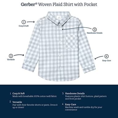 Gerber Baby and Toddler Boys Long Sleeve Button Up Plaid Shirt, Blue Plaid, 5T - Image 6
