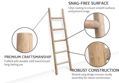 FUIN 57in Wood Blanket Ladder Living Room Decorative Wall Leaning Farmhouse Quilt Display Holder Rustic Wooden Towel Rack for Bathroom, Brown - Image 4