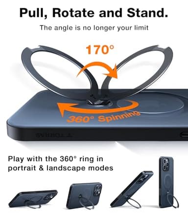 TORRAS Upgraded 360 Spin Magnetic Stand for iPhone 16 Pro Case, Fit for MagSafe, Built-in Kickstand & Ring Holder, Mil-Grade Protective Soft Edge Translucent Case for iPhone 16 Pro, Black 6.3'' - Image 3