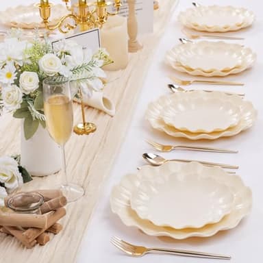 LIYH 24 Pcs Plastic Plates Reusable,Unbreakable Dinner Plates, Scalloped Plastic Plates, Dishwasher Safe,Ivory Plate Sets Perfect for Parties, Birthday, Picnics, BPA Free(12Guests) - Image 9