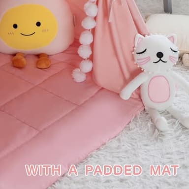 WIRHAO Teepee Tent for Kids with Padded Mat Cotton Canvas Kids Tent with Pompom for Toddlers Indoor Play Tent for Girls Boys with Stars Lights, Carry Bag, Banner Flag (Pink) - Image 2