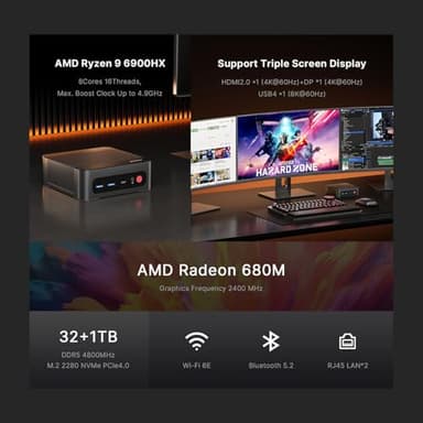 BOSGAME P3 Mini PC Desktop Computers, AMD Ryzen 9 6900HX, 32GB DDR5, 1TB PCIe 4.0 SSD, Win 11 Pro, Dual LAN 2.5G/Wi-Fi 6E/BT5.2, 4K Triple Display, Compact Silent PC for Gaming, Office, Design - Image 4