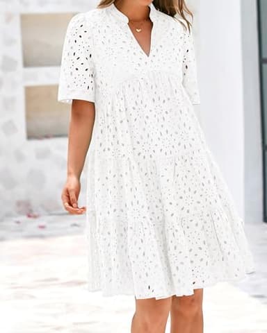 BTFBM Womens Boho Summer Dresses 2025 Resort V Neck Short Sleeve Hollow Out Lace Ruffle Casual Beach Mini Vacation Dress(White, Large) - Image 8