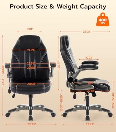 Office Desk Chair, Ergonomic Computer Chair with Padded Flip-Up Arms and Adjustable Lumbar Support, PU Leather Executive Chair with Tilt Lock and 360° Swivel Rolling Wheels for Work, Study - Image 2