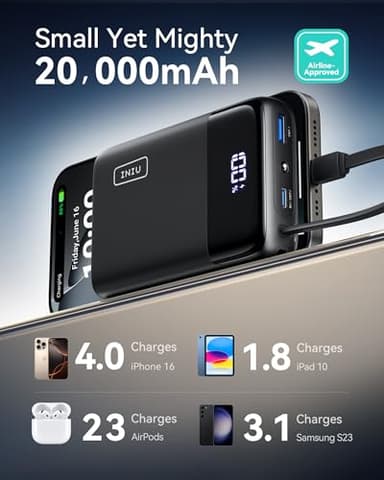 INIU 45W Portable Charger, Smallest 20000mAh Power Bank with Build in USB-C Cable, Fast Charging USB C in&Out Battery Pack, Travel Phone Charger for iPhone 17 16 15 Air Samsung S25 S24 Google iPad etc - Image 5