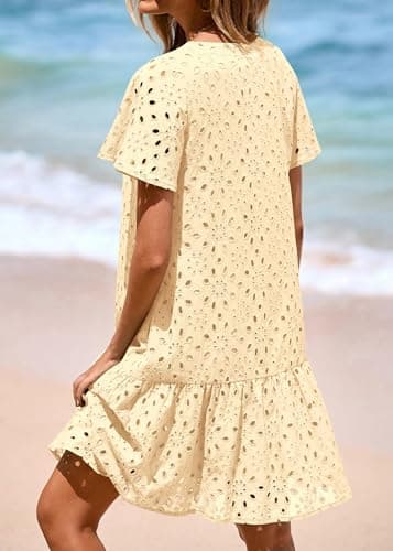 KIRUNDO Summer Dresses for Women 2025 Eyelet Button Down V Neck Short Sleeve Hollow Out A Line Loose Mini Babydoll Dress(Beige, Large) - Image 2