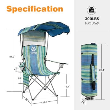 Elevon Camping Chair, Oversized Folding Chair with Canopy, Portable Outdoor Chair with Arms, Cup Holder and Carry Bag for Camping, Fishing, Beach, and Sports, Multi-Color - Image 3