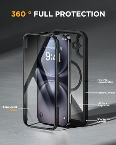 Miracase for iPhone 16 Case 6.1'', Full-Body Bumper Phone case with Built-in Full Glass Screen &Camera Control,No Gap,Compatible with MagSafe,Drop Proof 16 Cover,Black - Image 3