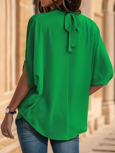 Teepie Business Casual Tops for Womens Blouses for Work Professional Mock Neck Short Sleeve Tops Tie Back Tunic Shirt Green L - Image 4