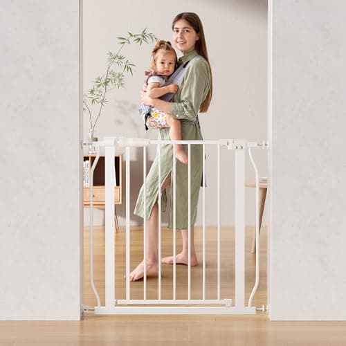 ELEVON Baby Gate for Stairs Doorways, Safety Pet Gate with Auto-Close/Hold-Open Features, Fits Openings 29.1” to 33.8”, 30” Tall, Easy Pressure Mounted Walk Through Baby Dog Gate, White - Image 1