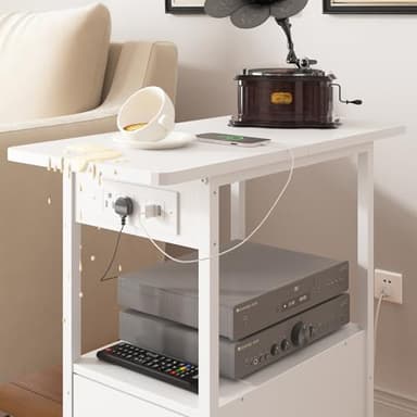 LIDYUK End Table with Charging Station, Narrow Side Table with Drawer and USB Ports & Power Outlets, Nightstand Bedside Tables for Small Spaces, Bedroom, Living Room, White - Image 6