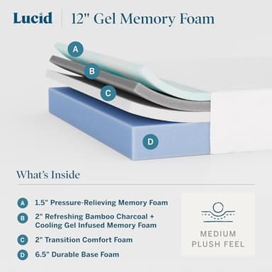 LUCID 12 Inch Memory Foam Mattress - Plush Feel - Memory Foam Infused with Bamboo Charcoal - Gel Infusions - CertiPUR-US Certified - Breathable - QueenQueen Size - Image 2