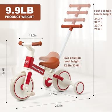 6 in 1 Toddler Tricycle with Push Handle Kids Tricycle for 2-5 Year Olds Toddler Bike for 1 Year Trikes for Kids 1-3 with Removable Pedal Adjustable Seat Birthday Gift Trike 1 to 3 Tricycle Red - Image 3