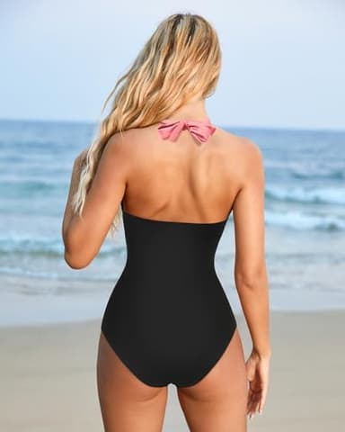 SUUKSESS Women Sexy Tummy Control One Piece Swimsuits Halter Push Up Monokini Bathing Suits (Pink Black, L) - Image 3