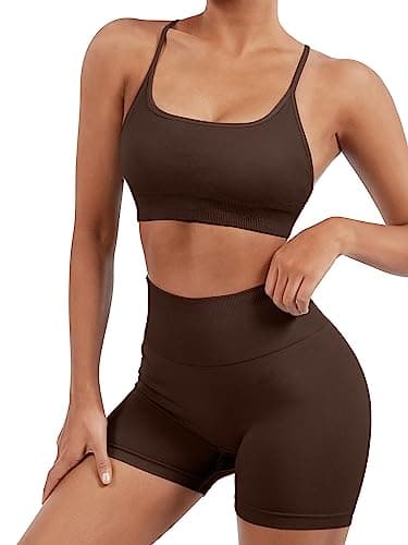 SUUKSESS Women Seamless 2 piece Workout Sets Strappy Padded Sports Bra Booty High Waisted Shorts Outfits (Deep Brown,M) - Image 2