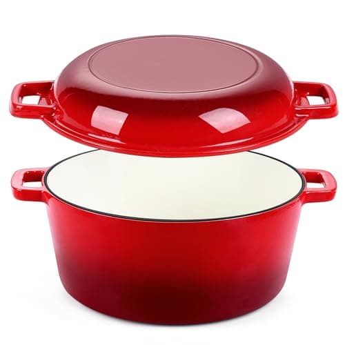 P&P CHEF 5Qt Dutch Oven Pot for Bread Baking (Red), 2 In 1 Round Cast Iron Dutch Oven with Lid Set, Skillet & Pot for Roasting Braising Stewing Frying Simmering, Multi Stoves & Oven Safe - Image 1