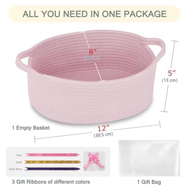 COMSE Small Woven Basket with Gift Bags and Ribbons, Gift Basket Empty, Cotton Rope Storage Organizer, Baby Toy Box with Handles, 12" x 8" x 5", Light pink - Image 2