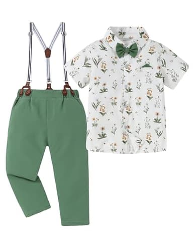 DISAUR Baby Boy Dress Clothes Printed Short Sleeve Shirt Grass Green Suspender Pants Boy Wedding Outfits 3t 4t 3-4t - Image 1