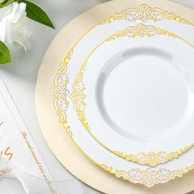 Bestluck 350PCS Gold Plastic Plates for 50 Guests, Disposable Dinnerware Sets Include 100 Gold Rim Plastic Plates, 50 Silverwares, 50 Cups, and 50 Pre Rolled Napkins for Party, Wedding, Graduation - Image 3