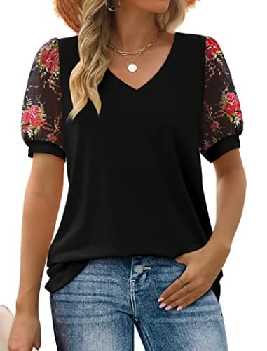 Summer Tops for Women Dressy Casual Swiss Dot Puff Sleeve Tops V Neck T Shirts XX-Large Black Floral - Image 1