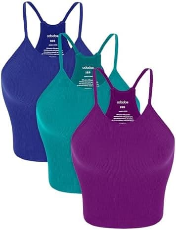 ODODOS Women's 3-Pack Seamless Cami Tank Top, Phlox+Sea Green+Lapis, Medium/Large - Image 3