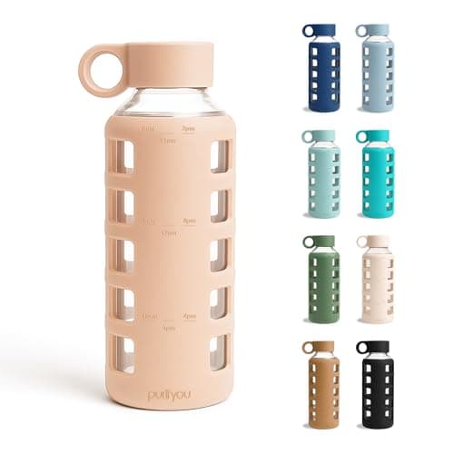 purifyou 40oz / 32oz / 22oz / 12oz Borosilicate Glass Water Bottle with Time & Volume Markers, Silicone Sleeve, Stainless Steel Lid | Reusable Glass Bottle for Water & Juice (22oz Hazelnut) - Image 1