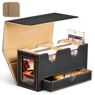 UAONO MTG Deck Box with 2 Commander Display and Dice Tray-Patented Design, Double Deck Box for 280+ Single Sleeved Cards, Leather Magnetic Card Storage Box Fits for TCG CCG Magic Cards (Black&Khaki) - Image 1