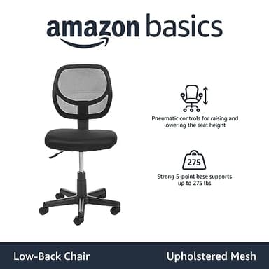 Amazon Basics Rolling Desk Chair, Adjustable, Low Back, Padded Seat, Breathable Mesh, Swivel, Black, 21.25" D x 22.5" W x 38" H - Image 4