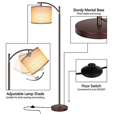 Rottogoon Floor Lamp for Living Room, LED Standing Lamp Tall Industrial Floor Lamp Reading for Bedroom, Office (9W LED Bulb, Beige Lampshade Included) -Oil-Rubbed Bronze - Image 3