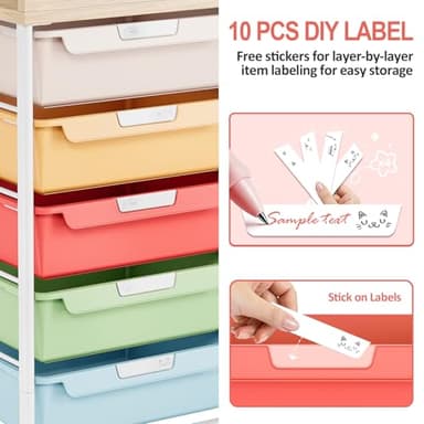 Rolling Storage Cart with Wooden TableTop, Utility Cart with 10 Large Drawers for Craft Organizers, Art Supply Storage, Home Office Organization, Cart with Wheels for Classroom, Living Room, Colorful - Image 4
