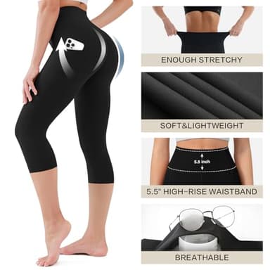 Blisset Women's High Waisted Capris with Pockets, Tummy Control Non See Through Workout Athletic Running Yoga Capri Leggings - Image 5