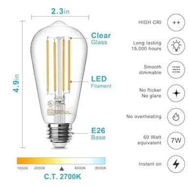 TJOY Edison Light Bulbs 60W Equivalent, Dimmable Vintage LED Light Bulbs, E26 Medium Base, Warm White 2700K, ST58, 8W, 800LM, 80+ CRI, Antique Decorative Filament LED Bulb, Clear Glass, 6 Pack - Image 2