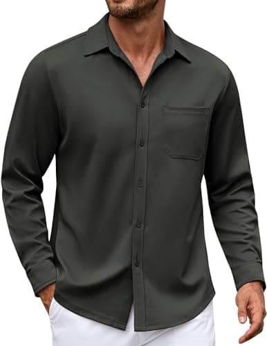 COOFANDY Men's Casual Shirt Solid Casual Button Down Shirts Long Sleeve Dress Shirts with Pocket Dark Grey - Image 1