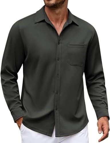 COOFANDY Men's Casual Shirt Solid Casual Button Down Shirts Long Sleeve Dress Shirts with Pocket Dark Grey - Image 1