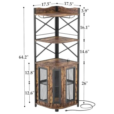 Aheaplus Corner Bar Cabinet with Power Outlet, Industrial Wine Cabinet with LED Strip and Glass Holder, 5-Tiers Liquor Cabinet Bar Unit for Home, Corner Display Cabinet for Small Space, Rustic Brown - Image 3