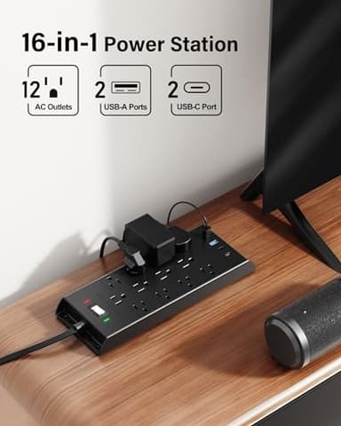 Surge Protector Power Strip 4800J, LeZone 10Ft Long Extension Cord Flat Plug, 12 Outlets 2 USB C 2 USB Ports, Wall Mountable, 20W Desk Charging Station, Black - Image 2