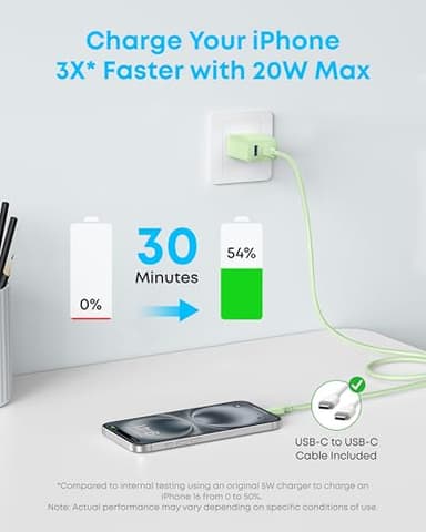 Anker iPhone 17/16 Charger, 2-Pack 20W Fast USB C Charger Block, for iPhone 17/16/16 Pro Max/15 Series/iPad Pro and More (Green, 2 Pack & 2 Cable) - Image 4