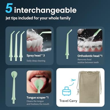 Water Flossers for Teeth, Electric Floss for Adults & Kids, Water Dental Picks, Cleaning and Flossing, Portable Flossers for Travel Size, Gums, Dental Care with Travel Bag, Waterproof - Green/Pink - Image 7
