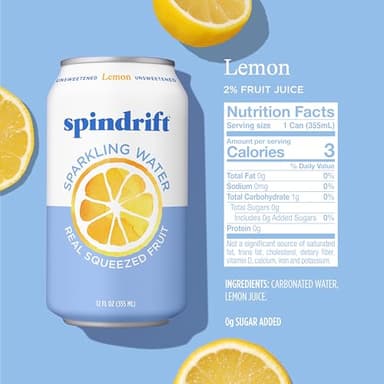 Spindrift Sparkling Water, Lemon Flavored, Made with Real Squeezed Fruit, 12 Fl Oz Cans, Pack of 24 (Only 3 Calories per Can) - Image 2