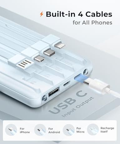 JOYFAR Portable-Charger-Power-Bank Travel Essentials Battery Pack USB C 10000mAh Built in Cable 22.5W Phone Fast Charging Powerbank Compatible with iPhone 16 15 14 13 12 11 iPad Samsung Google (Blue) - Image 2