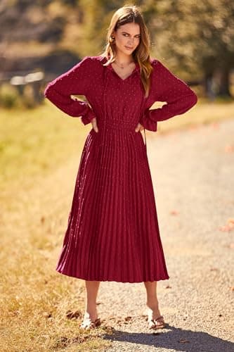 PRETTYGARDEN Womens Pleated Midi Dress Casual Long Sleeve V Neck Swiss Dot Beach Flowy Dresses (Wine Red,Large) - Image 5