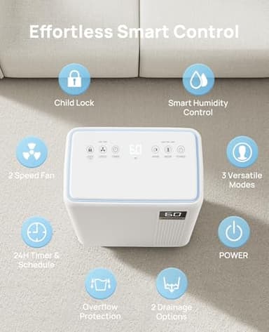 Aiusevo Aiusevo 30 Pint Dehumidifier for Basement, 2000 Sq. Ft Dehumidifiers for Home with Drain Hose, 3 Modes, Smart Humidity Control, 24H Timer, 0.52 Gal Water Tank, for Bedroom, Bathroom, RV - Image 8