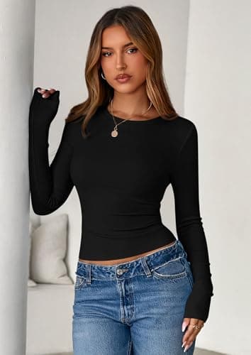 PRETTYGARDEN Women 2025 Fall Clothes Long Sleeve Shirts Ribbed Knit Fitted Basic Tee Going Out Tops Underscrub Casual Outfits (Black,Small) - Image 7