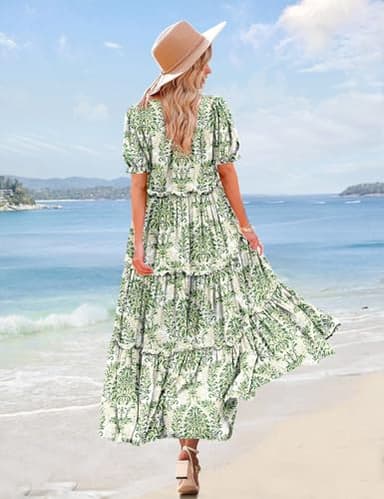 YESNO Summer Casual Bohemian Floral Dresses for Women Puff Short Sleeve Long Maxi Dress with Pockets (L ETX CR425) - Image 4